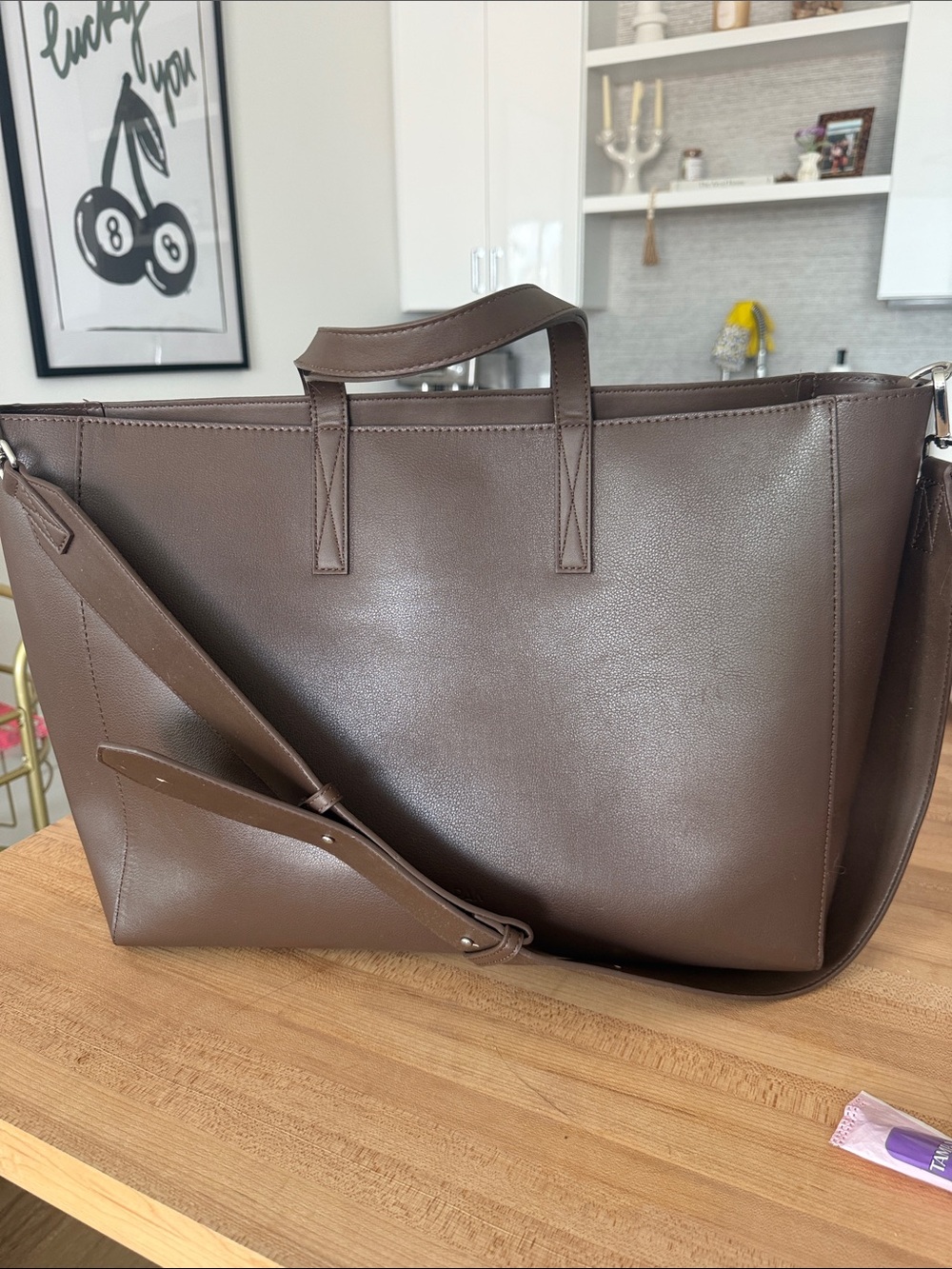 Large CALPAK women’s Brown Leather Tote with Adjustable Shoulder Strap